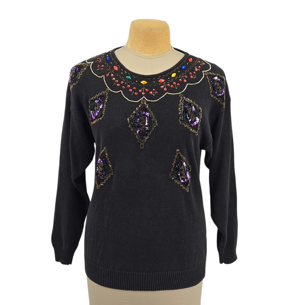 Christine Gerard Sweater Women S Black Beaded Sequin Embellished Vintage 90s